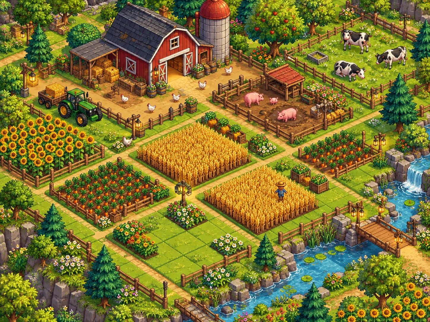 Illustrative pixel farm with square crop fields, a tractor, chickens, pigs and cows